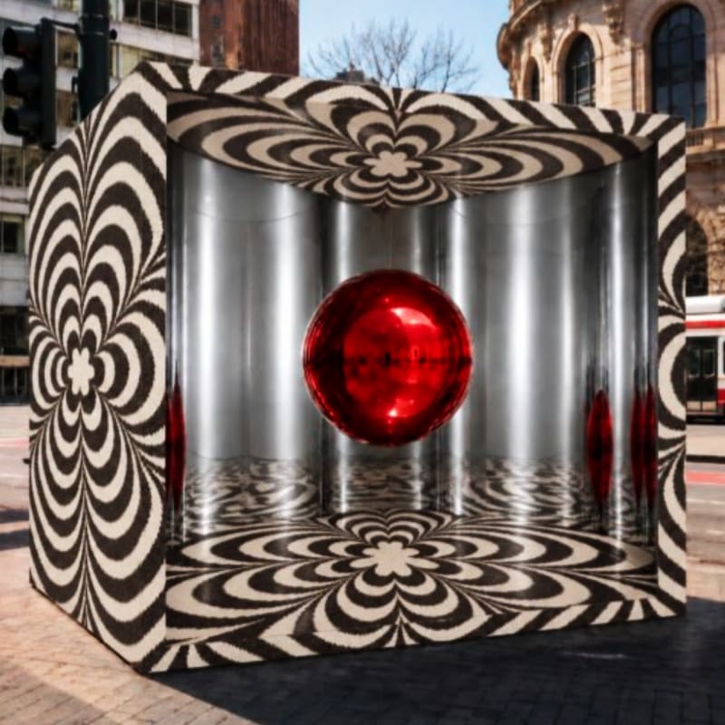 Concept render of Silver Lining: a cube lined with black and white op-art flower patterns and mirrored walls around a glossy red sphere at its centre.