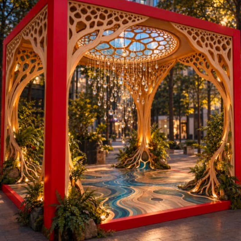 Concept render of Water Torus: a red cube framing carved wooden trees under a lattice canopy, hung with crystals over a swirling blue river floor, lit at dusk.