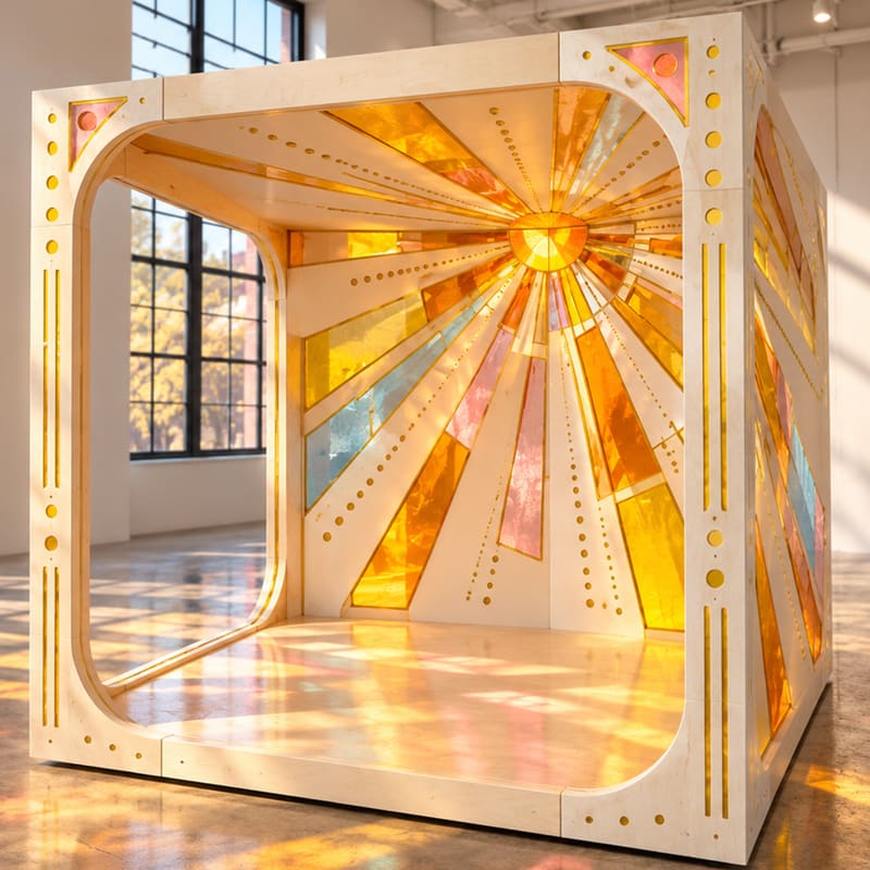 Concept render of Ray of Light: a pale wood cube with amber and pink glass rays fanning out from a sun, casting coloured light across the floor.
