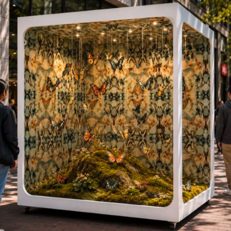 Concept render of Rorschach Butterflies: a white cube lined with butterfly wallpaper, with butterflies suspended over a mossy mound.