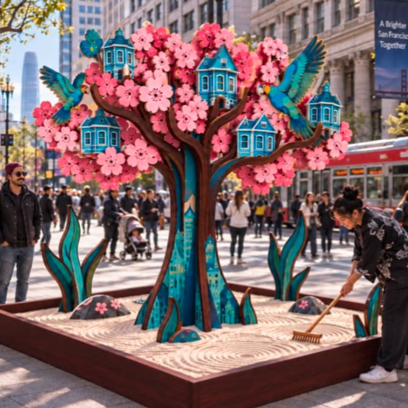 Concept render of Zen Treehouse on Market Street: a tree with a teal trunk and pink blossoms, small blue houses and birds in its branches, rising from a raked sand garden.