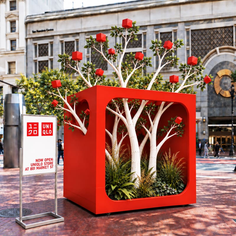 Concept render of Community Tree on Market Street: white trees growing up out of a red cube, with small red cubes hanging from their branches above a bed of ferns.