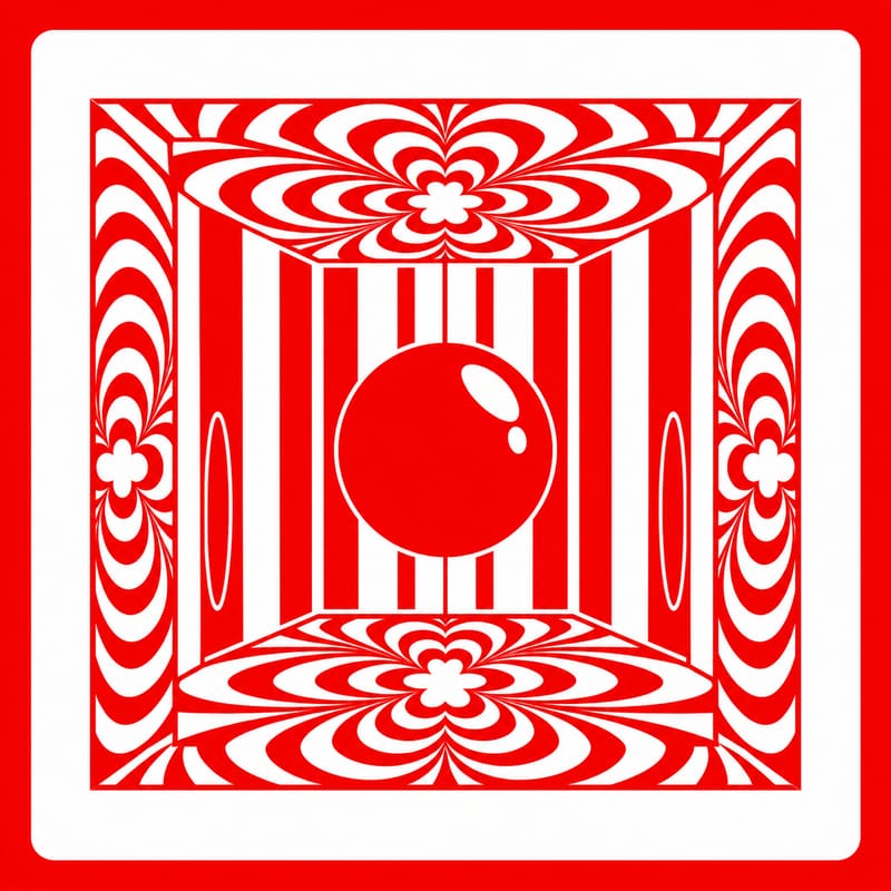 Passport stamp for Silver Lining, drawn in red: a cube lined with op-art flower and stripe patterns around a glossy sphere at its centre.