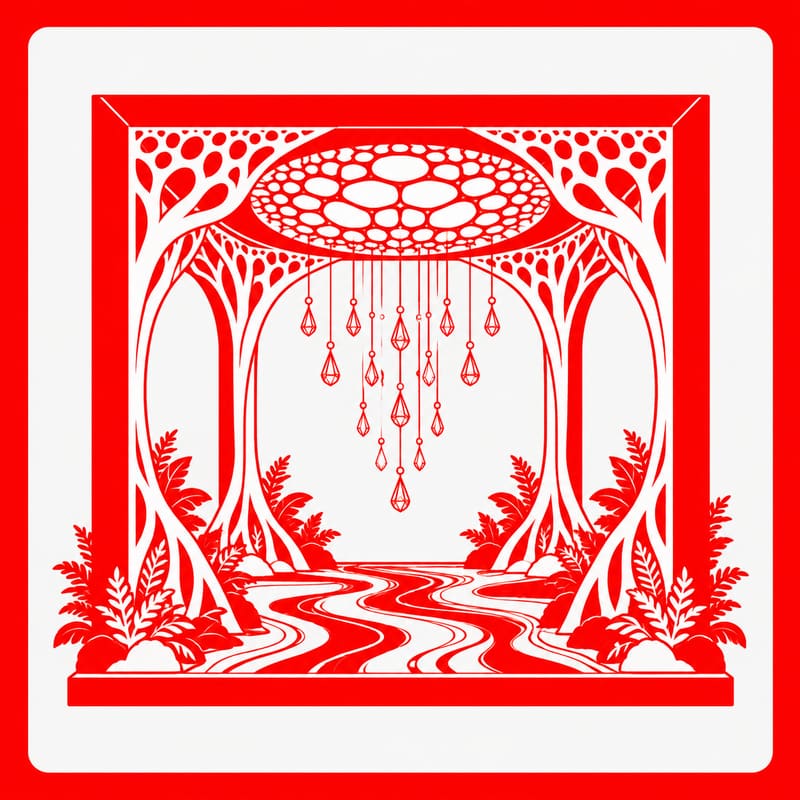 Passport stamp for Water Torus, drawn in red: a cube framed by carved trees under a lattice canopy, with hanging crystals over a flowing river floor.