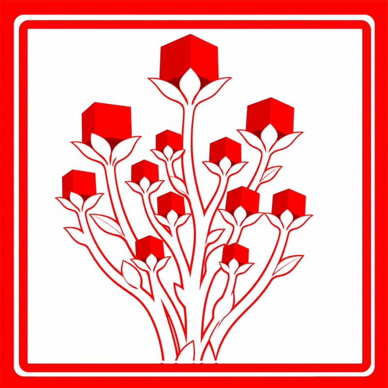 Passport stamp for Community Tree, drawn in red: a branching tree whose blossoms are small cubes.