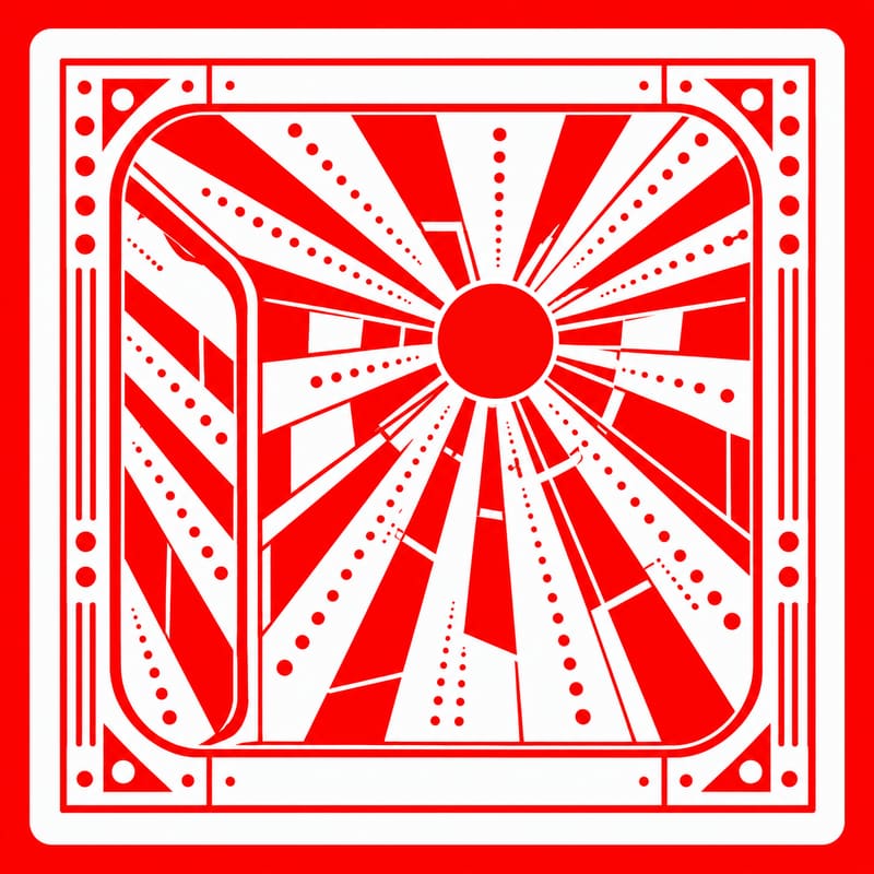 Passport stamp for Ray of Light, drawn in red: rays and dotted lines radiating from a sun at the centre of a cube.