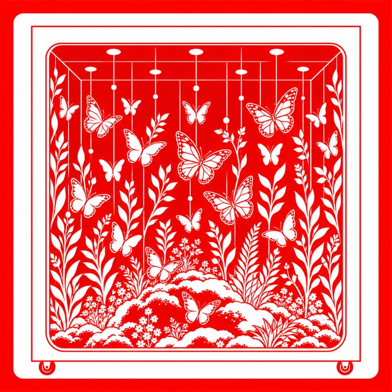 Passport stamp for Rorschach Butterflies, drawn in red: butterflies suspended above plants and flowers inside a cube.