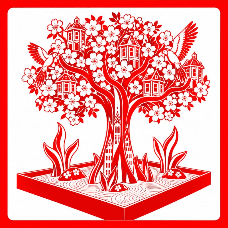 Passport stamp for Zen Treehouse, drawn in red: a blossoming tree with small houses in its branches and birds in flight, rising from a garden bed.